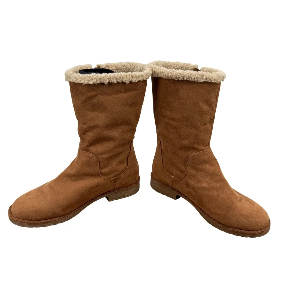 Old Navy‎ Womens Faux Suede Mid Calf Boots Brown Faux Fur Trim Side Zip Size 9